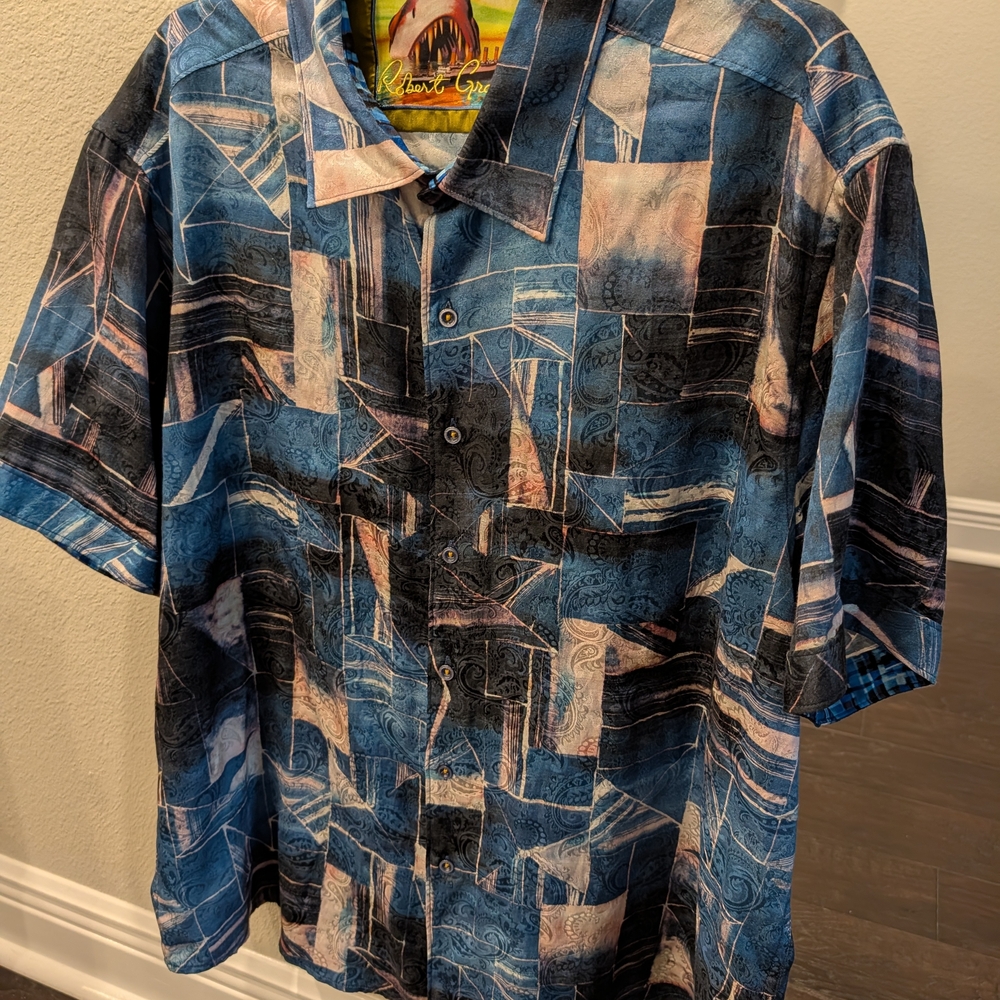 Robert Graham Abstract Ocean Blue Silk Shirt Sleeve 3XL